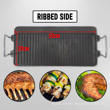 Cast Iron Reversible Griddle BBQ Grill Plate with Steel Handle